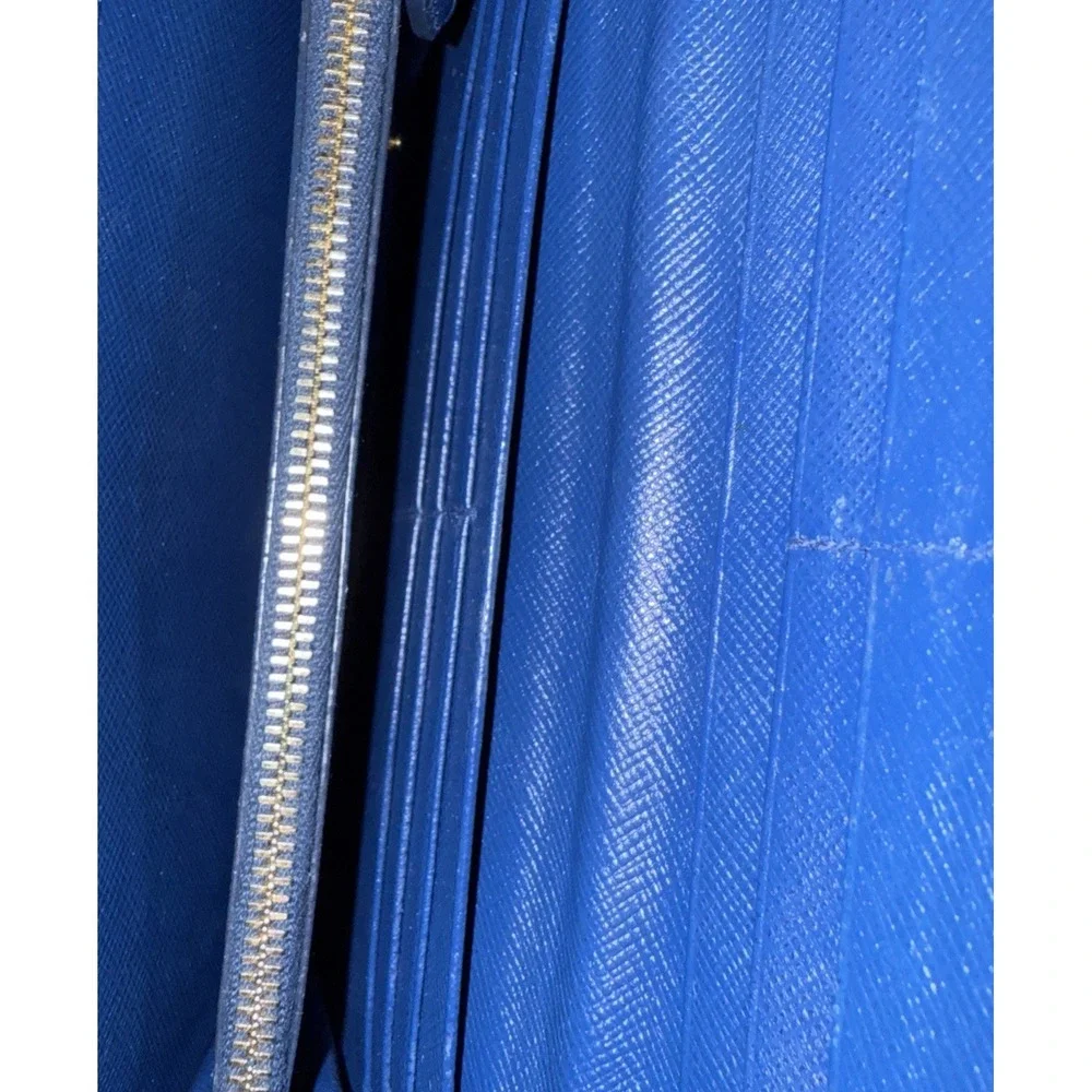 PRADA Saffiano‎ Long Wallet Bifold Blue Gold Hardware Leather Womens Authentic